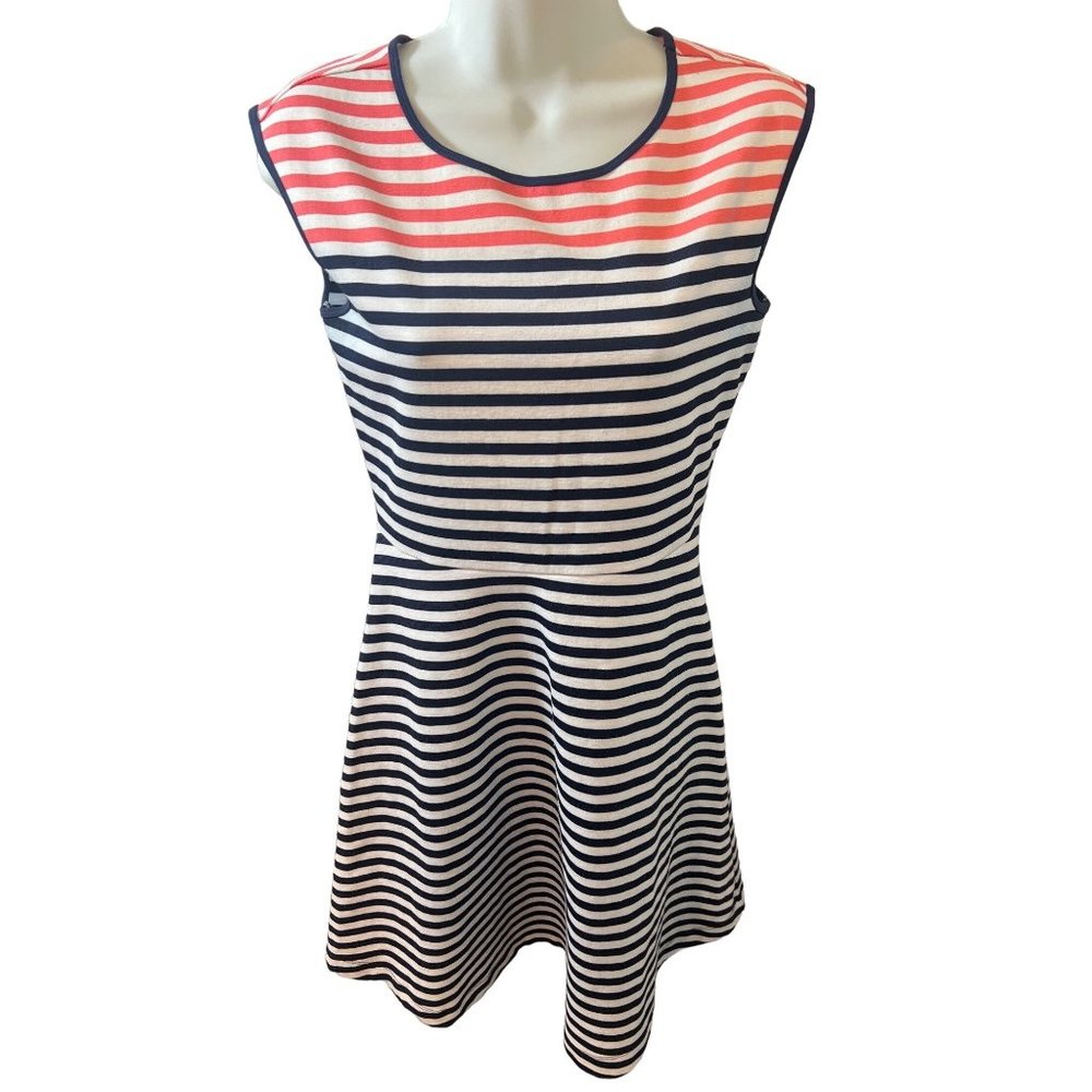 Draper James Striped Ponte Knit A Line Nassau Navy and Pink Mini Fit and Flare X - Picture 2 of 14